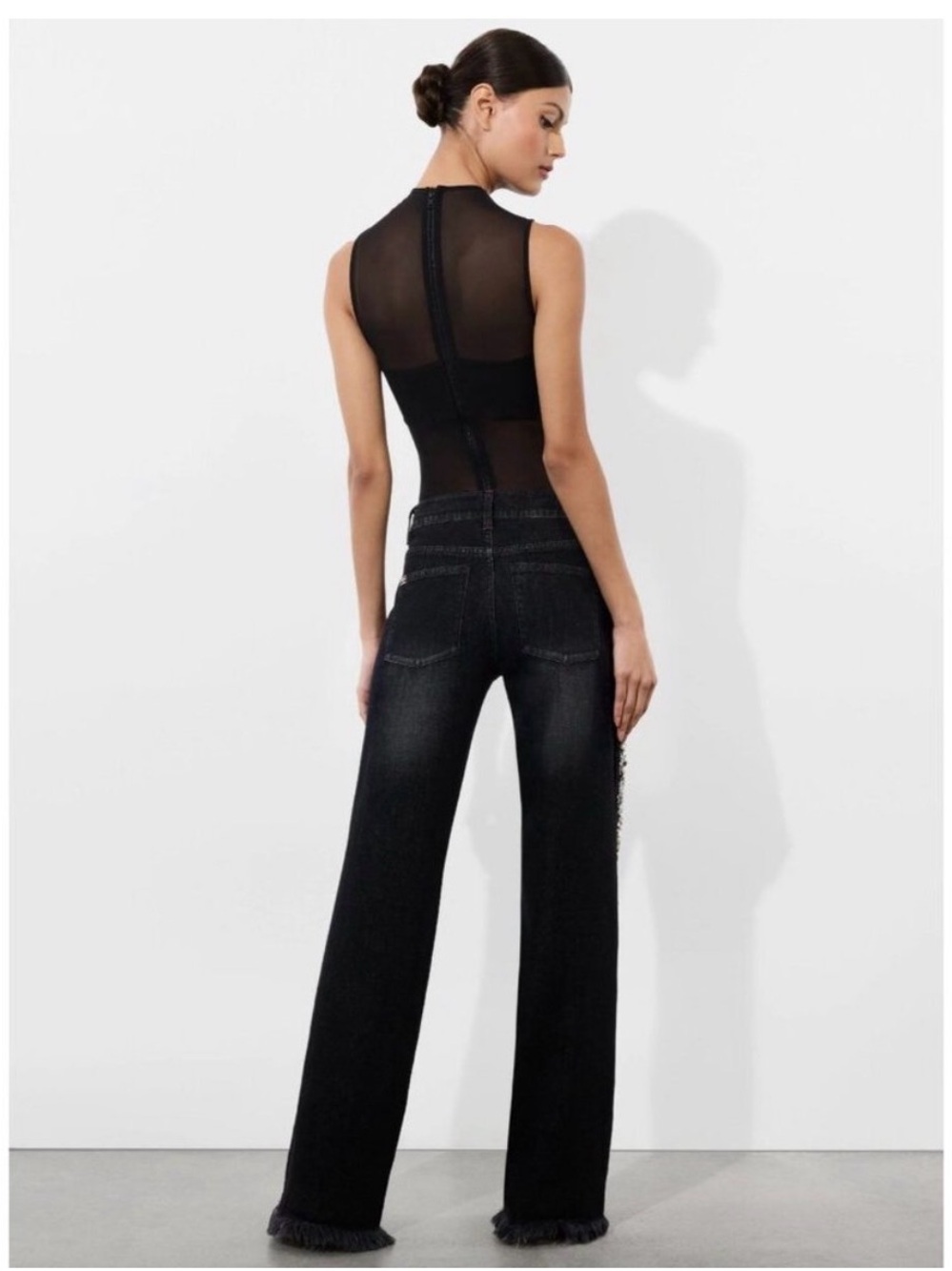 Alice + Olivia Black Wide-Leg Jeans with Silver Floral Embellishments - Picture 3 of 6